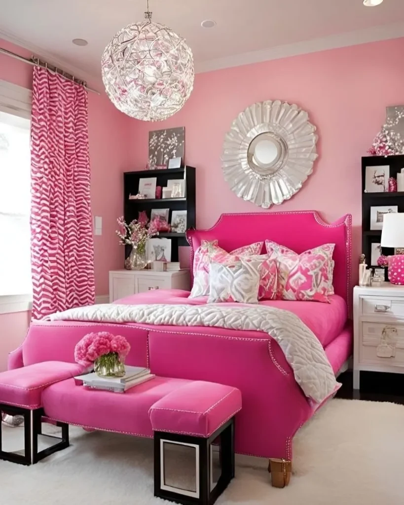 Pink Tufted Bench at the Foot of the Bed