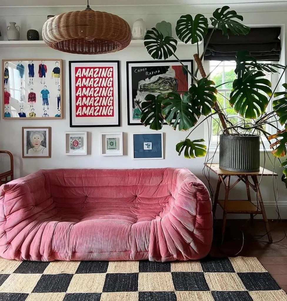 Blush Couch in a Farmhouse-Style Space